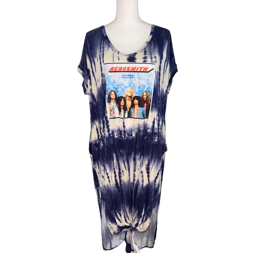 Aerosmith Blue White Tie Dye‎ Rock Bank Long T-Shirt Dress Ladies 2XL